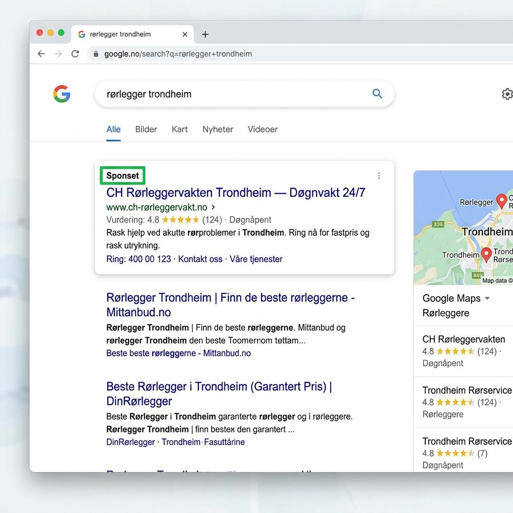 Skjermbilde av Google Ads-kampanje for CH Rørleggervakten